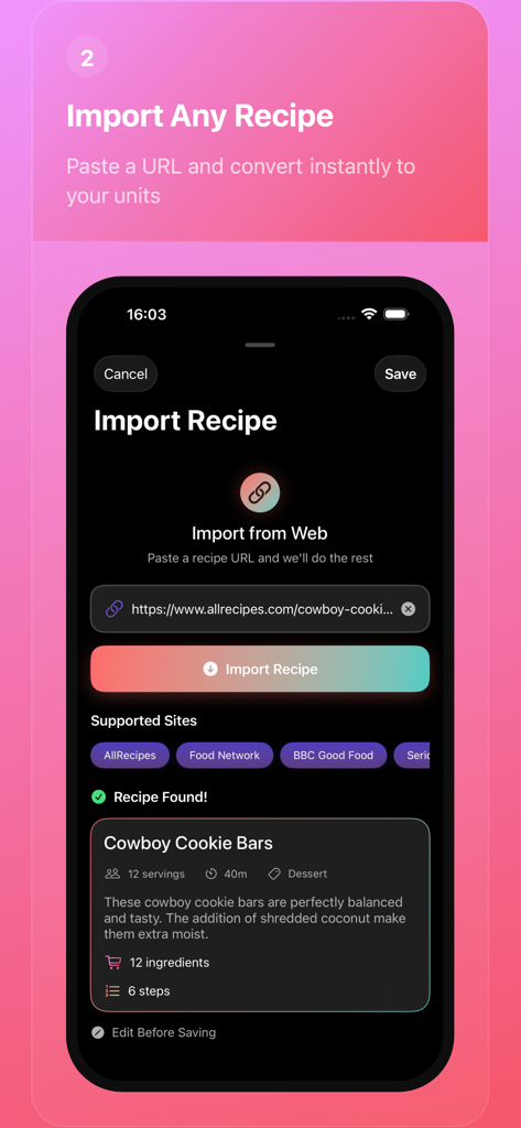 Pantalla de smartphone que muestra la función Importar cualquier receta en la aplicación Kitchen Converter con una receta de la web.