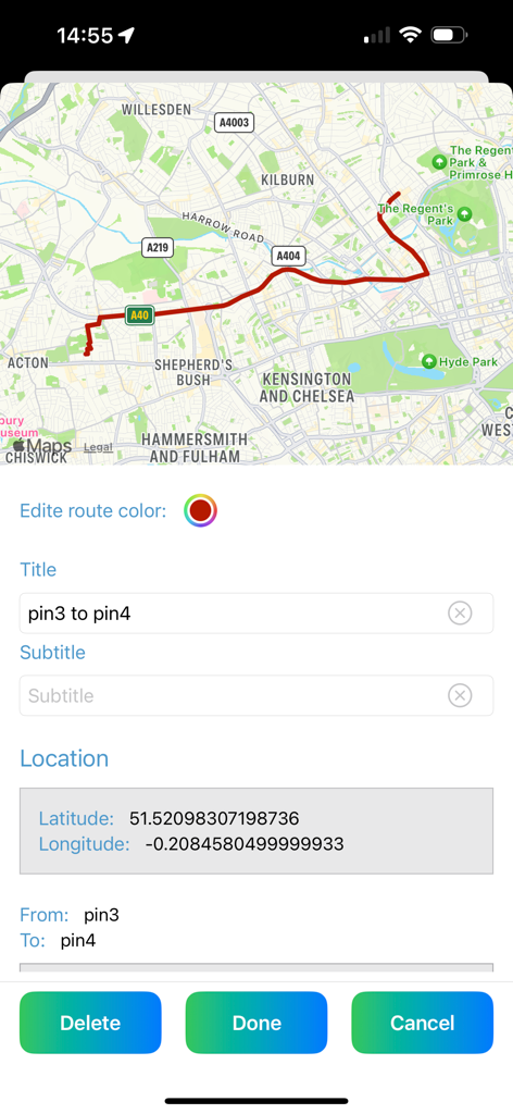 Map Notes - Captura de pantalla del editor de rutas de la aplicación Map Notes que muestra una ruta roja personalizada en un mapa de Londres con opciones para editar el título y el color