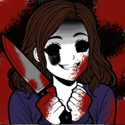 a realistic girl holding a knife and grinning