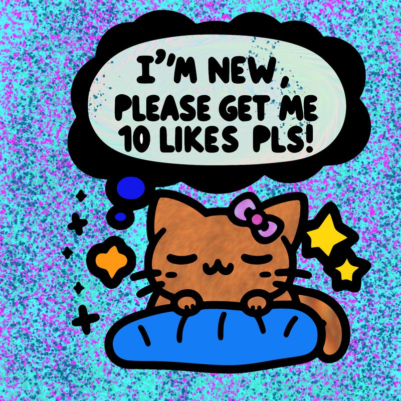 kitty taking a nap dream talking and saying "i'm new, please get me at least 10 likes pls!!"