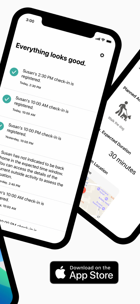 Dooinwell – Daily Check-in - Dooinwell app interface showing safety check-in history and outing monitoring for seniors.