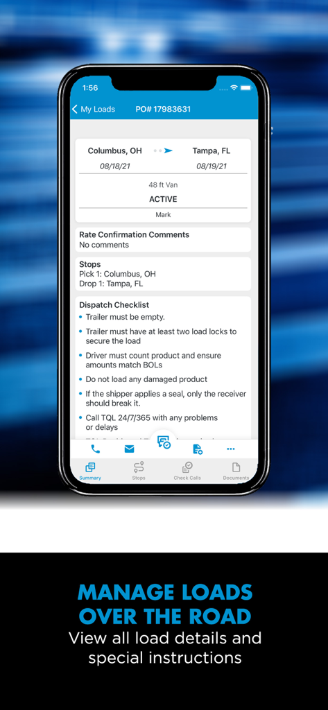 TQL Carrier Dashboardアプリ画面に、コロンバスからタンパまでの貨物輸送の詳細と配車チェックリストが表示されています