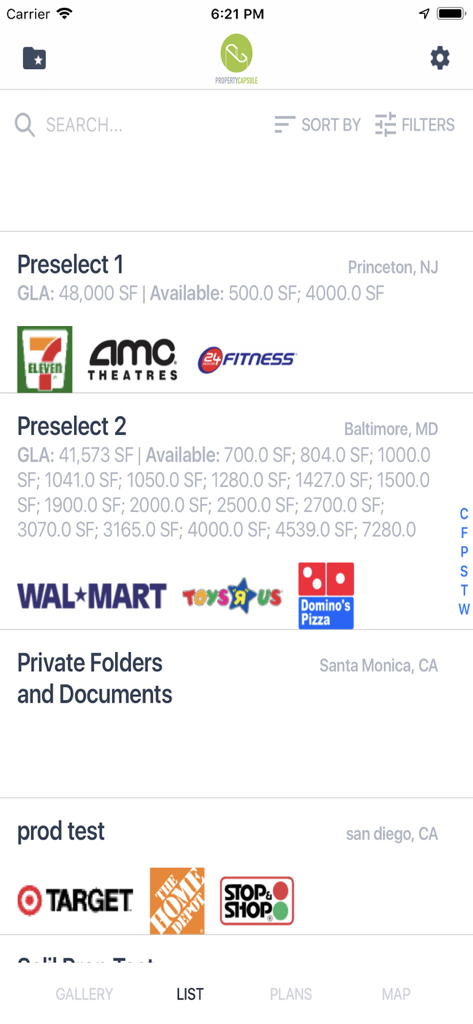 Property Capsule - Property Capsule app displaying a list of commercial real estate properties with tenant logos and leasing information.