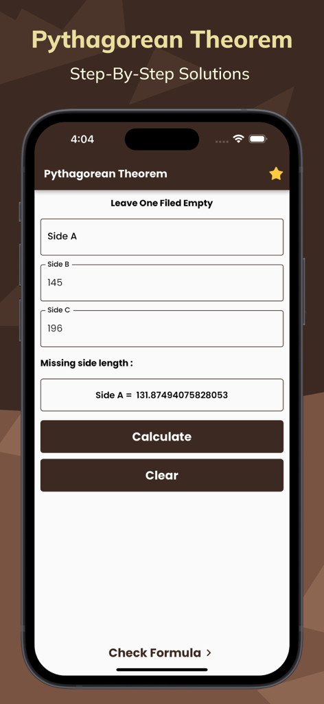 Pythagorean Theorem Calculate - Ein Smartphone-Bildschirm zeigt die Berechnung einer fehlenden Seite in einem rechtwinkligen Dreieck mit der Satz des Pythagoras App