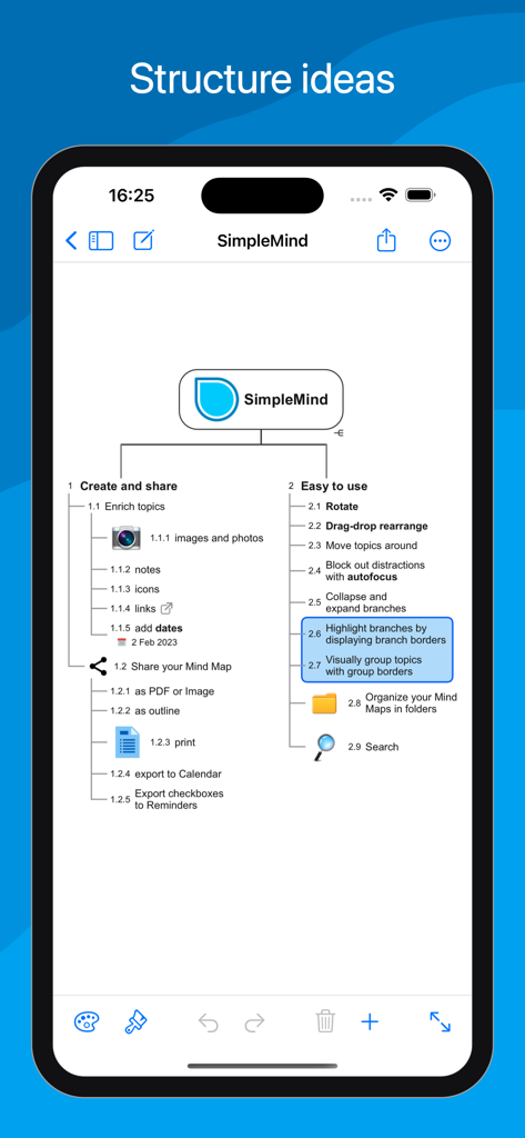 SimpleMind Pro - Mind Mapping - SimpleMind Pro mobile app interface showing a structured mind map for organizing ideas and productivity tasks