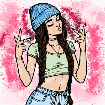 realistic teenage girl with braids and a beanie and crop top doing 🫶🏼