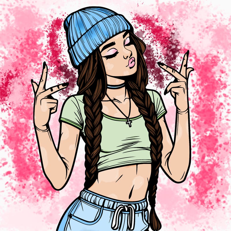 realistic teenage girl with braids and a beanie and crop top doing 🫶🏼