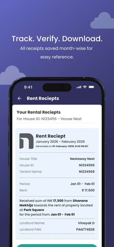 NestAway - A mobile screen from the NestAway app displaying a detailed digital rent receipt for property management