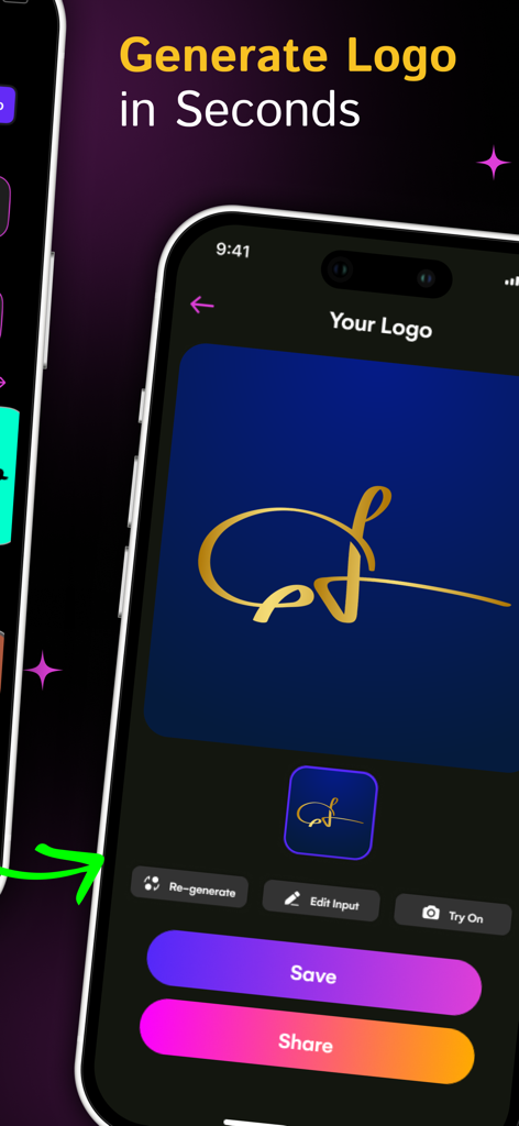 AI Logo Generator & Maker App - Eine mobile App-Benutzeroberfläche, die ein professionelles goldenes Signatur-Logo zeigt, das von KI generiert wurde, mit Optionen zum Speichern und Teilen