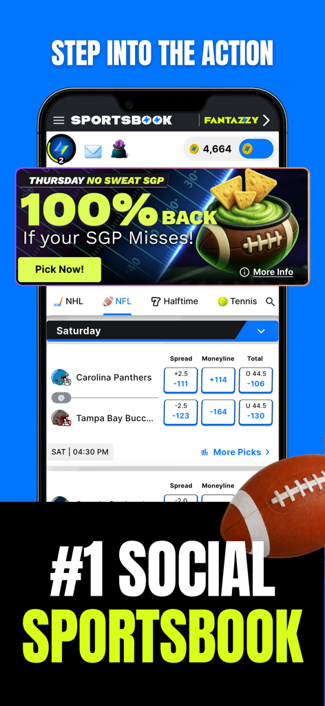 Thrillzz Fun Social Sportsbook - Captura de tela do aplicativo Thrillzz social sportsbook mostrando previsões de jogos da NFL e ofertas promocionais