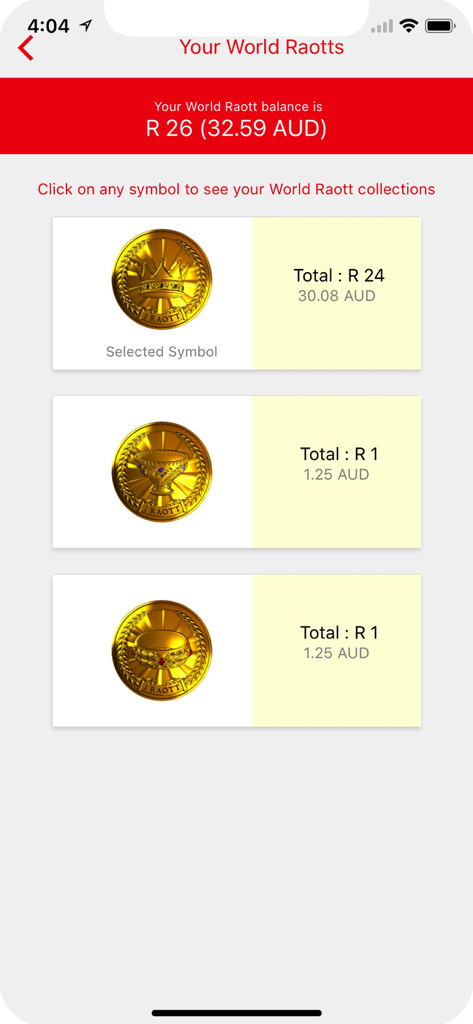 A screen in the World Raott app showing a collection of digital treasure assets including gold coins with crown chalice and ring symbols along with their monetary value