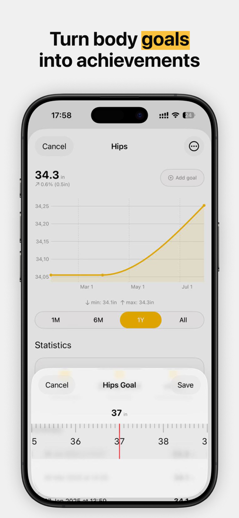 Body measurement app interface showing a hip progress graph and a goal setting tool