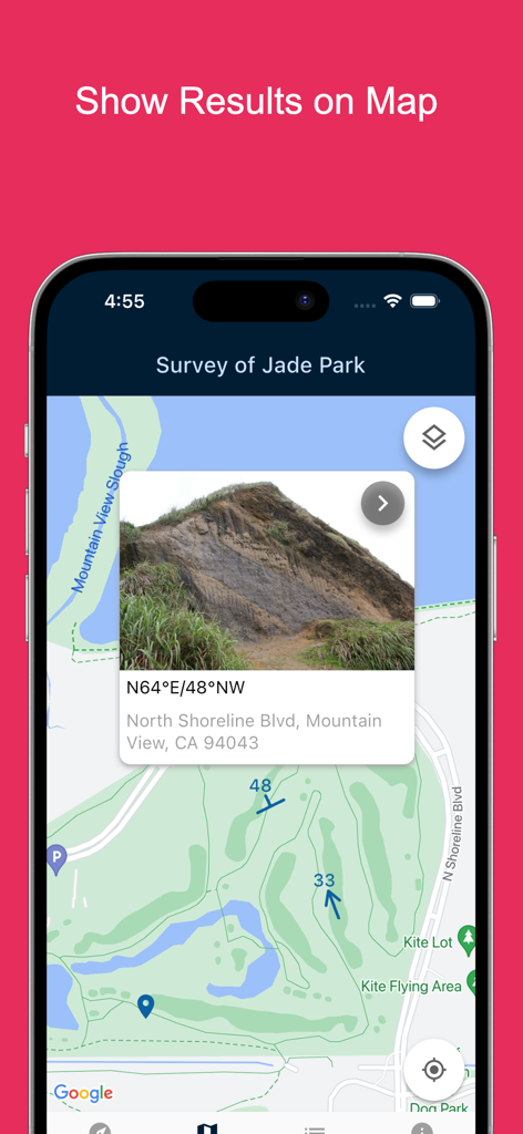 Geology Clinometer: GeoCompass - Map view showing geological survey results with photo and strike and dip measurements