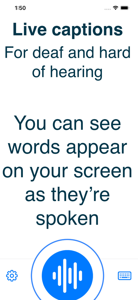 Wushi: Live Transcribe Voice - Wushi app screen showing live captions for deaf and hard of hearing users