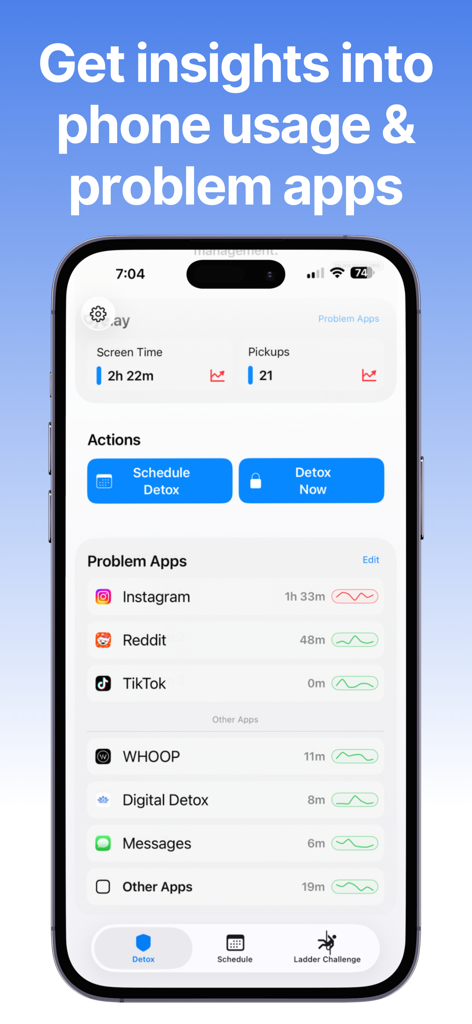 Dashboard der Digital Detox App, das Bildschirmzeit und problematische App-Verfolgung anzeigt.