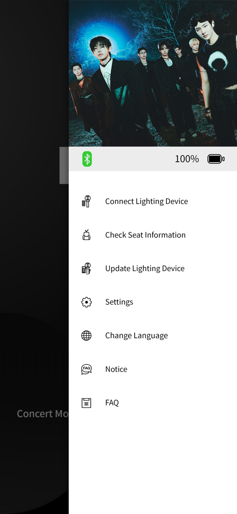 EN- Official Light Stick Ver.2 - Seitenmenü der EN Official Light Stick Ver 2 App mit Optionen zum Verbinden von Geräten und Überprüfen von Sitzplatzinformationen