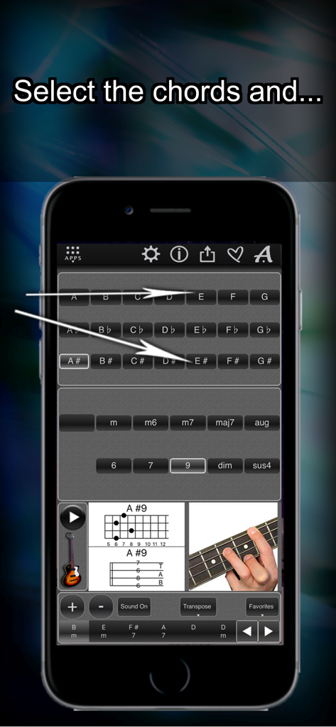 120 Bass Chords - Interfaz de aplicación móvil para seleccionar y aprender acordes de bajo eléctrico con diagramas de diapasón y fotos de posiciones de dedos