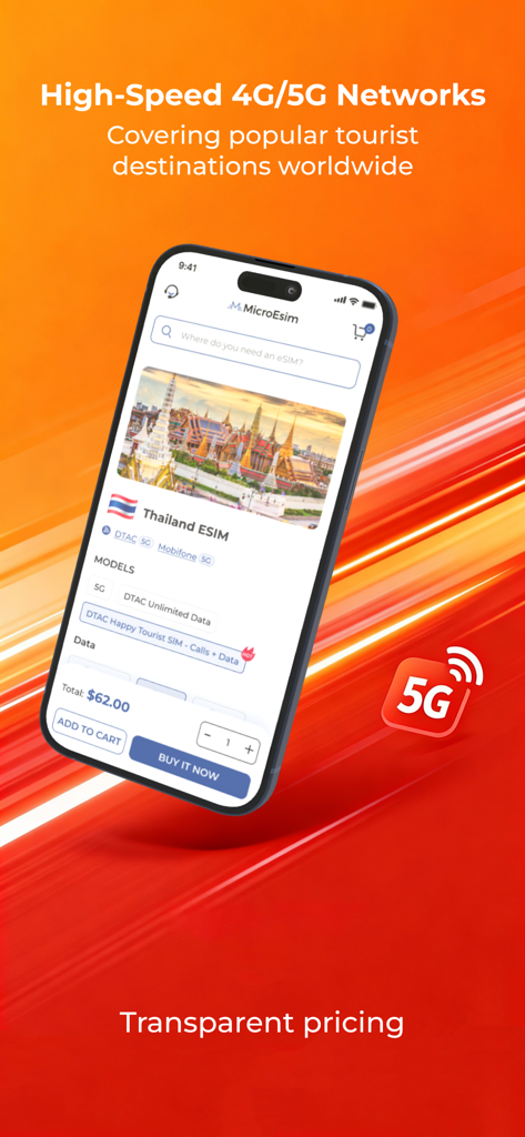 MicroEsim app interface showing high-speed 5G network data plans for Thailand with transparent pricing.