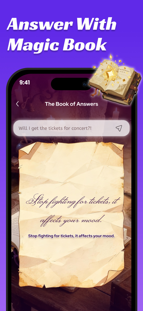 OppaYa: AI Virtual Idol Chat - OppaYa app Book of Answers feature showing a mystical guidance response on a parchment scroll