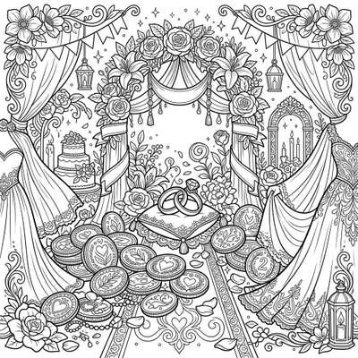 Dive into a luxurious wedding scene where prosperity meets romance, featuring shimmering gold coins and beautiful bridal elements. This intricate design invites you to add your personal touch to a day filled with love and luck.