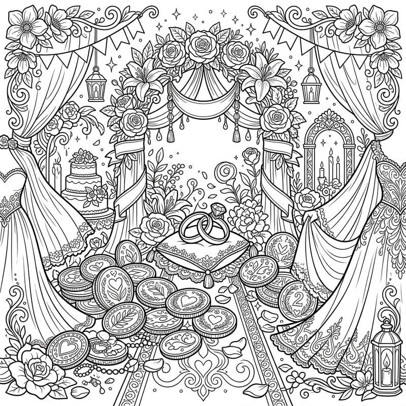 Dive into a luxurious wedding scene where prosperity meets romance, featuring shimmering gold coins and beautiful bridal elements. This intricate design invites you to add your personal touch to a day filled with love and luck.