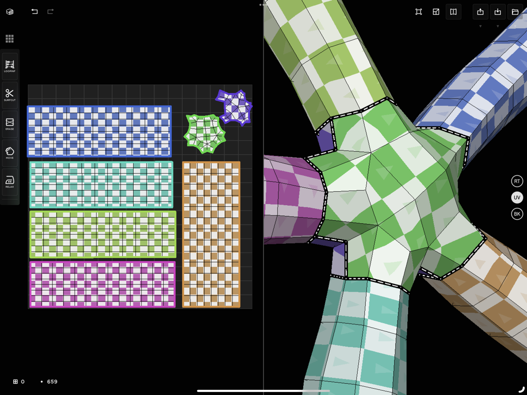 CozyBlanket - Interface of the CozyBlanket iPad app showing a 3D model split view with its corresponding 2D UV map layout and checkerboard textures