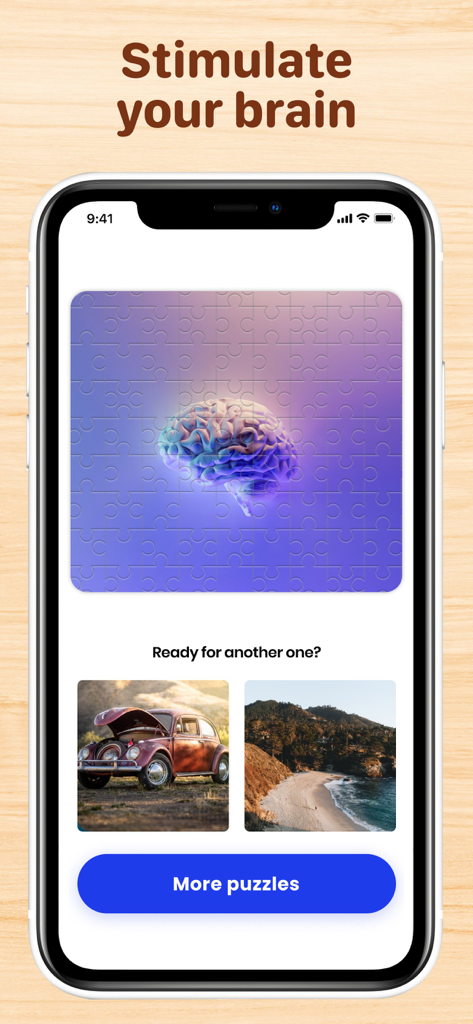 A smartphone showing a completed brain jigsaw puzzle with options for new puzzles including a vintage car and a beach landscape