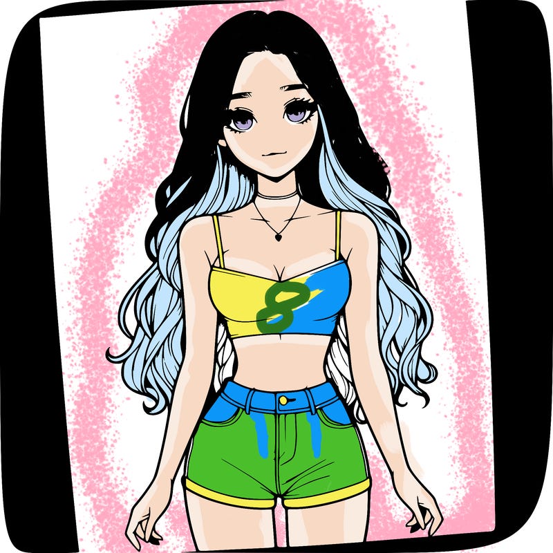 a realistic girl with long hair and in a crop top and shprts