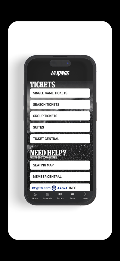 LA Kings - LA Kings mobile app screen showing options for single game, season, and group tickets.