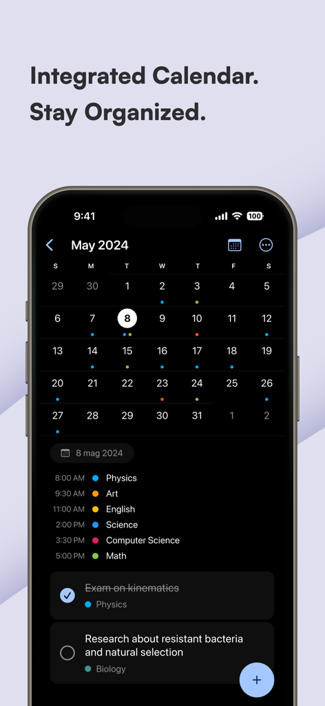 School Planner & Timetable - Integrated calendar view in the School Planner app showing a monthly schedule and daily classes