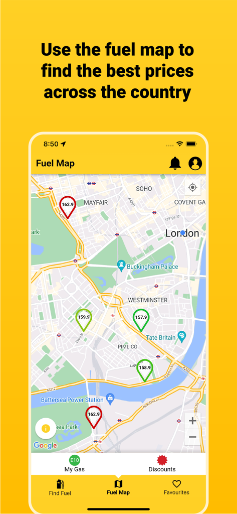 Gaspy app interface showing a fuel map of London with localized gas prices