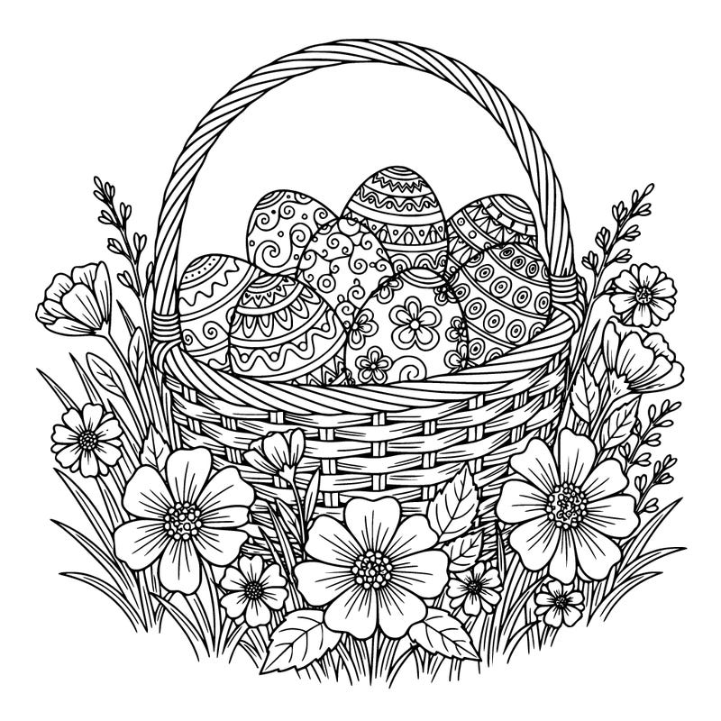 eggs with designs in a basket, on a meadow with flowers