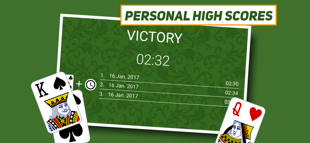 Solitaire: Classic & Klondike - Solitaire victory screen showing personal high scores and best completion times