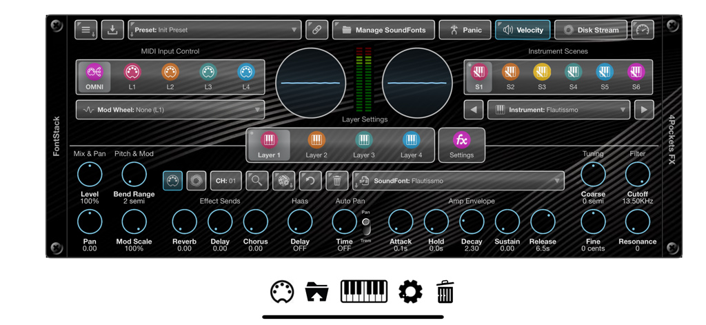 FontStack - Main user interface of the FontStack AUv3 plugin for iOS showing MIDI input, layer settings, and sound modulation controls