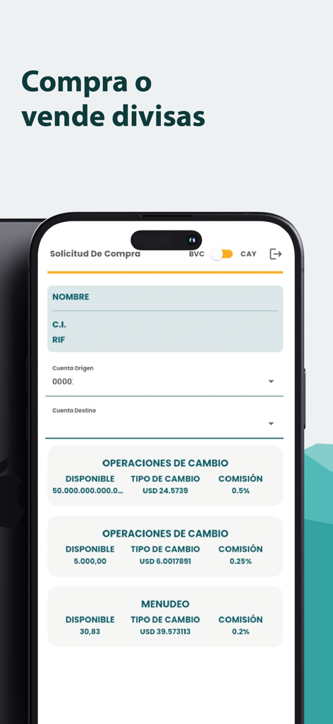 VOL.móvil (acceso anticipado) - Oberfläche der VOL.movil App, die eine Währungskaufanforderung und Wechselkurse anzeigt