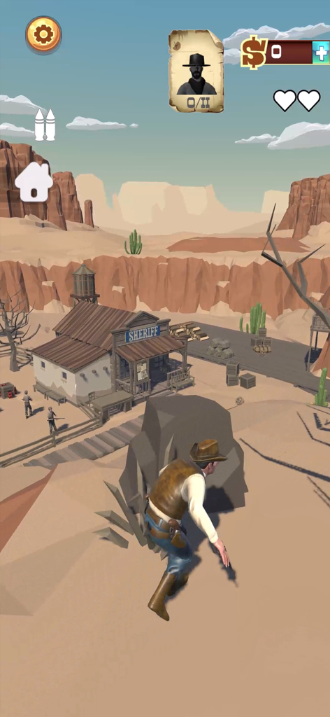 Wild West Cowboy Redemption - Un personaje vaquero de pie en una colina desértica con vistas a un pueblo con una oficina de sheriff