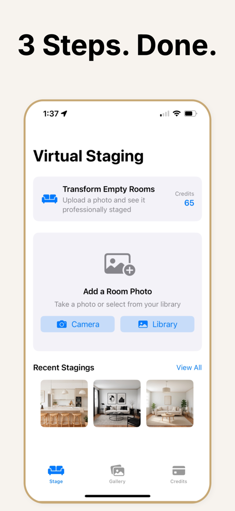 Virtual Staging AI Real Estate - Interface do aplicativo Virtual Staging AI mostrando opções para enviar uma foto de um cômodo e visualizar preparações imobiliárias recentes
