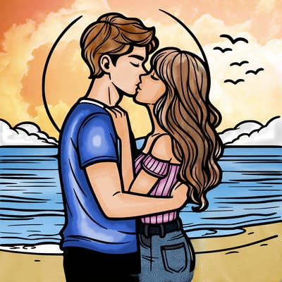 boyfriend and girlfriend looking at the sunset on the beach and kissing