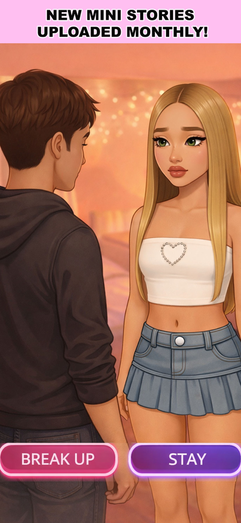 SCENEZ: Cozy Dress Up Game - A visual story scene from SCENEZ showing a female and male character with game choice buttons for break up or stay.