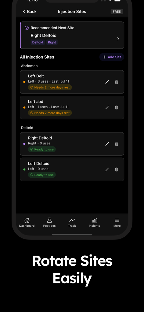 Peptide Tracker & Calculator - Injection site rotation screen in the Peptide Tracker and Calculator app showing recommended sites and recovery status
