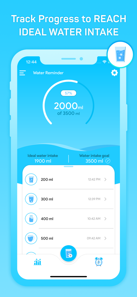 Daily Reminder + Water Tracker - A mobile app screen showing a progress circle at 57 percent for daily water intake and a list of logged beverages with timestamps