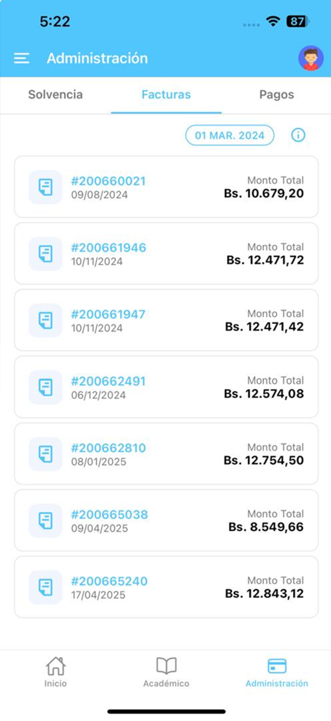 Pantalla de administración de la aplicación SAE Estudiante mostrando una lista de facturas escolares con fechas y montos.