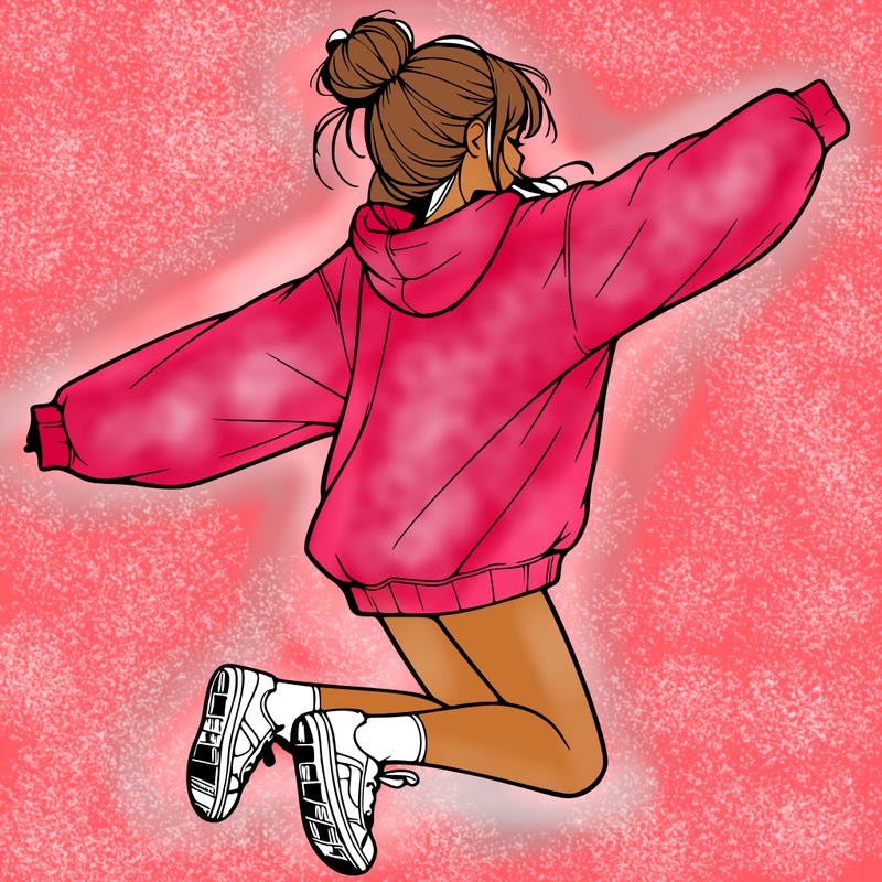 realistic girl jumping with a bun and oversized sweatshirt