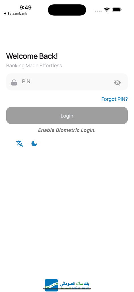 Salaam Bank - Mobile Banking - Salaam Bank mobile app login screen with a PIN input field and welcome message