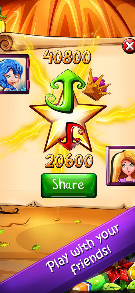 Witchy World - Witchy World social screen showing player score comparison with friends and a share button.