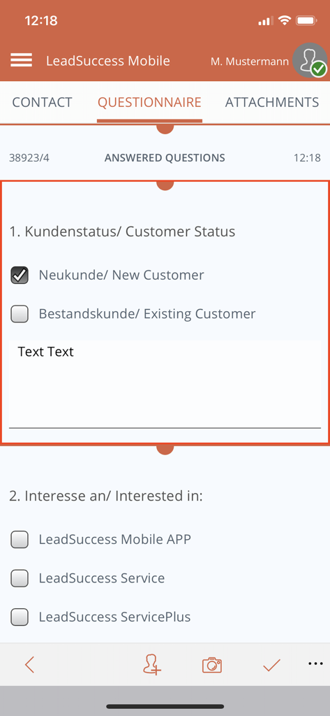Tela do aplicativo LeadSuccess exibindo um questionário de qualificação de leads com opções de status do cliente e interesses