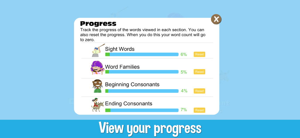 Learn to Read: Sight Words - Pantalla de seguimiento de progreso en la app Aprende a Leer: Palabras de Uso Común mostrando porcentajes de finalización para diferentes categorías de palabras
