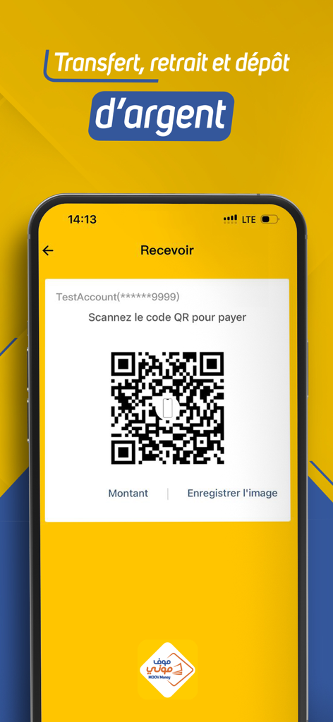Moov Money Agent - Tela do aplicativo Moov Money Agent exibindo um código QR para receber pagamentos e transferências de dinheiro