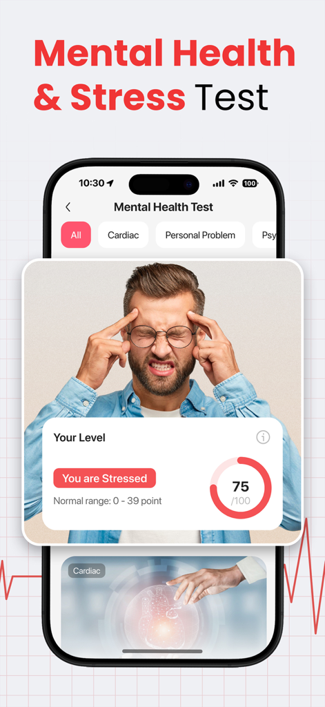 iHealthy: Health Partners - Interfaz de resultados de pruebas de salud mental y estrés en la aplicación iHealthy que muestra una puntuación de nivel de estrés alto.