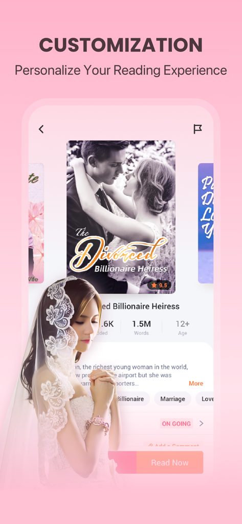 Webfic app screen showing customization options and the popular romance novel The Divorced Billionaire Heiress